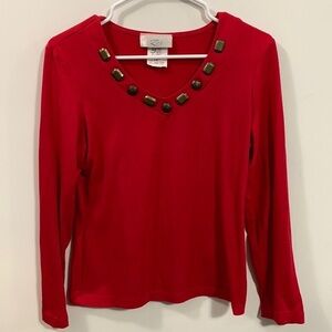 Zoe Red long sleeve top embellished neckline, size PS, SP, good condition